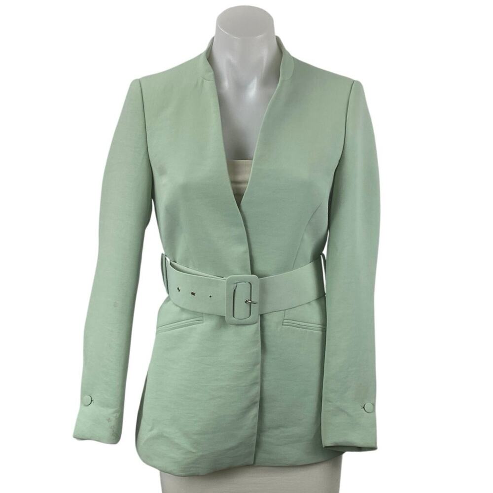 Zara Green Long Sleeve V Neck Belted Single Breasted Blazer Coat Jacket Top Sz S